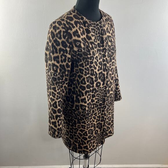 Zara Black Tan Overcoat Leopard Round Neck Snap Button Long Sleeve Size Small S - Picture 5 of 8